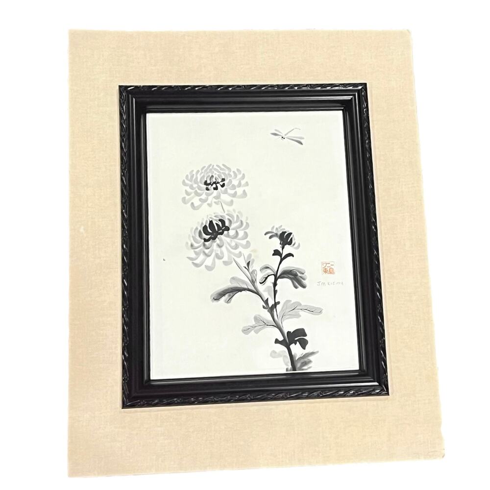 JM Kijima Signed Watercolor Painting Japanese Chrysanthemum Flowers 16x20 Matted